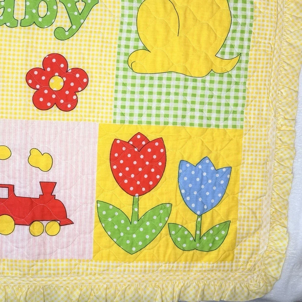 VTG That's Our Baby Crib Quilt Blanket Teddy Bear Bunny Duck Ruffle Trim Nursery